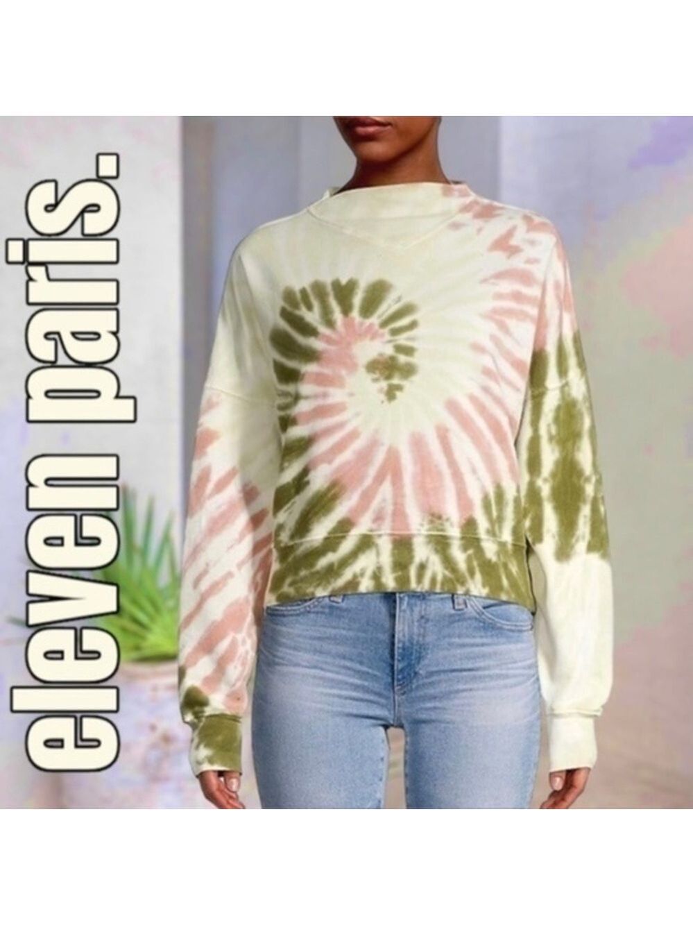 ELEVEN PARIS Tie-Dye Mockneck Oversize Cotton Sweatshirt